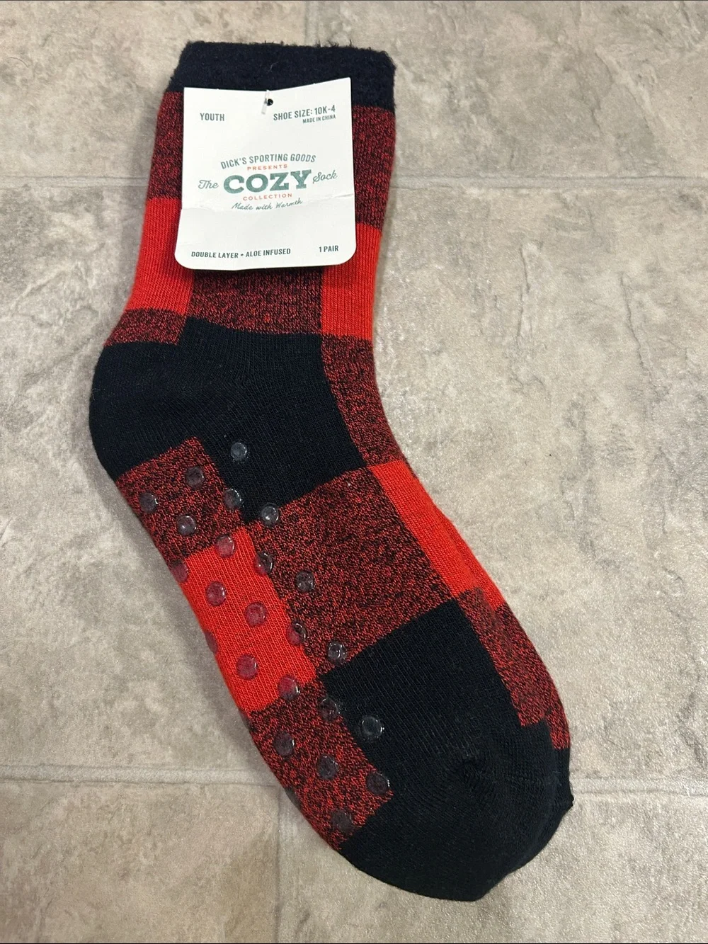 Youth Non-Slip Red/Black Plaid Socks